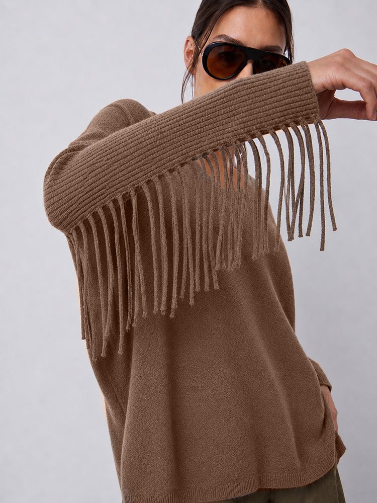 Notshy Kaschmir Fransenpullover Fenna Café au Lait Hellbraun 100% Kaschmir Poncho Rippärmel Casual-Fit Model 2