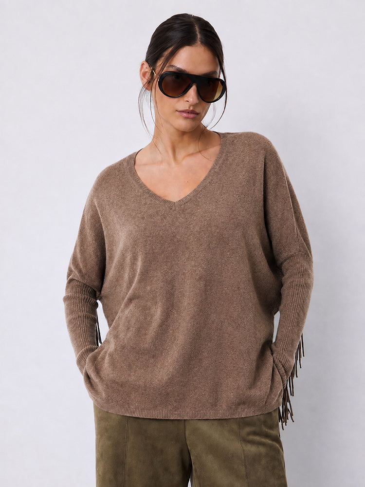 Notshy Kaschmir Fransenpullover Fenna Café au Lait Hellbraun 100% Kaschmir Poncho Rippärmel Casual-Fit Model 3