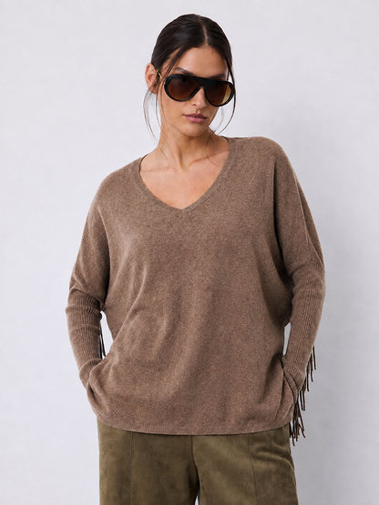Notshy Kaschmir Fransenpullover Fenna Café au Lait Hellbraun 100% Kaschmir Poncho Rippärmel Casual-Fit Model 3