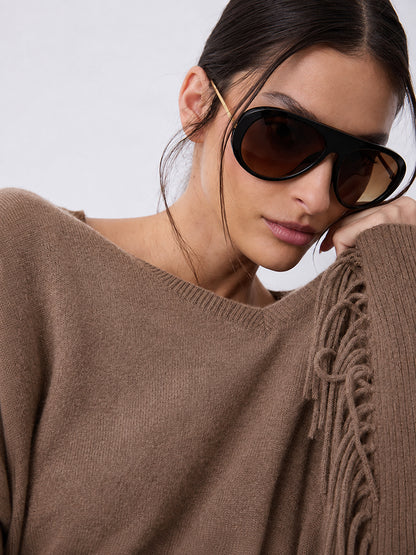 Notshy Kaschmir Fransenpullover Fenna Café au Lait Hellbraun 100% Kaschmir Poncho Rippärmel Casual-Fit Model 4