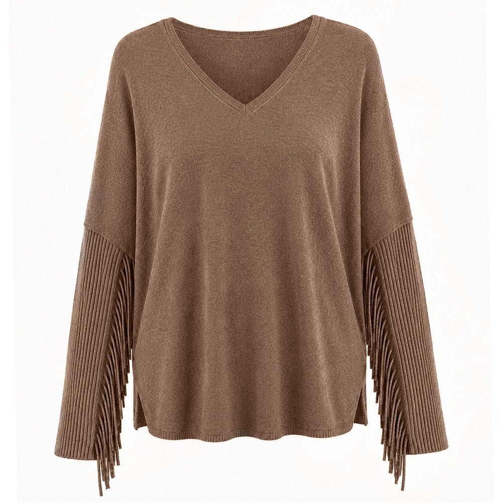 Notshy Kaschmir Fransenpullover Fenna Café au Lait Hellbraun 100% Kaschmir Poncho Rippärmel Casual-Fit