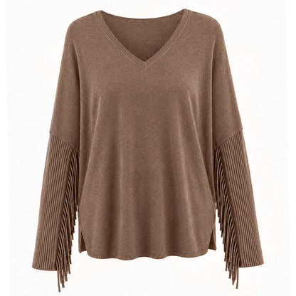 Notshy Kaschmir Fransenpullover Fenna Café au Lait Hellbraun 100% Kaschmir Poncho Rippärmel Casual-Fit