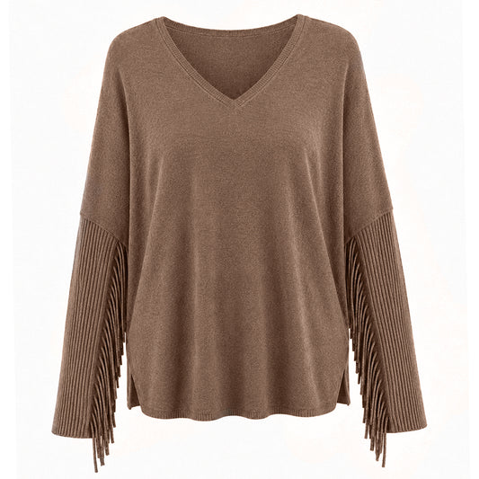 Notshy Kaschmir Fransenpullover Fenna Café au Lait Hellbraun 100% Kaschmir Poncho Rippärmel Casual-Fit