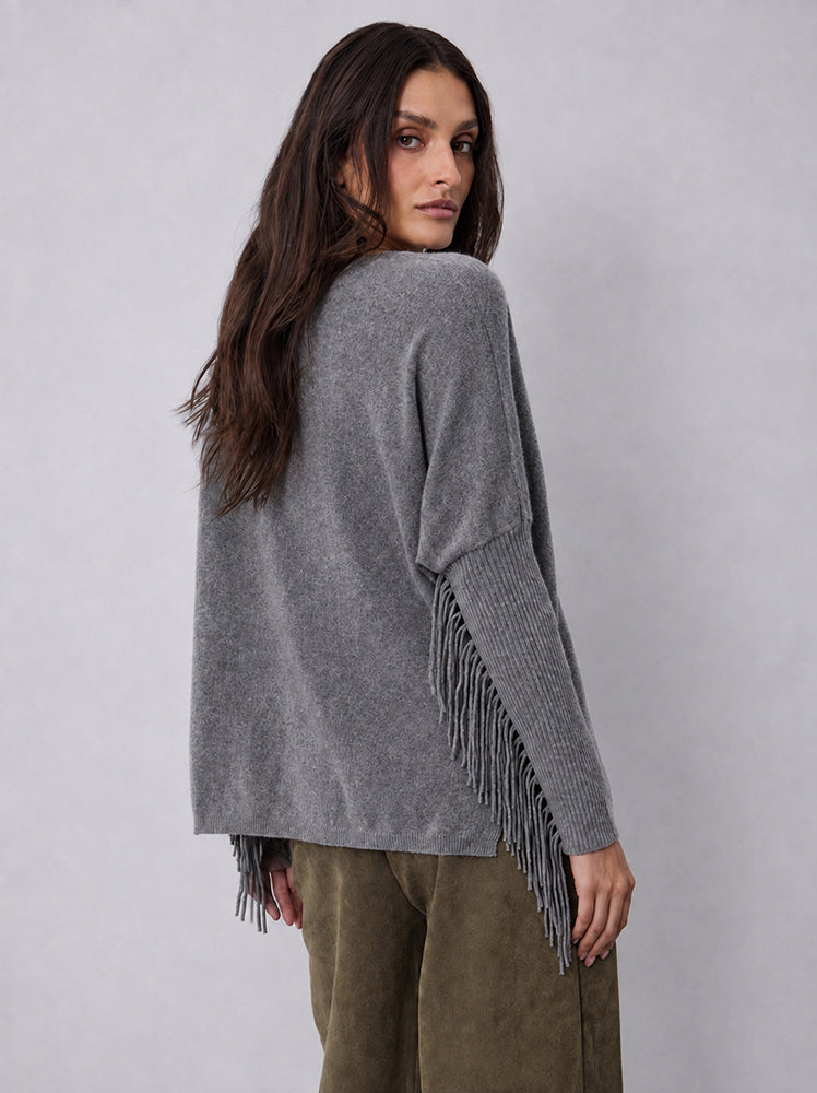 Notshy Kaschmir Fransenpullover Fenna Gris Foncé Dunkelgrau 100% Kaschmir Poncho Rippärmel Casual-Fit Model 3