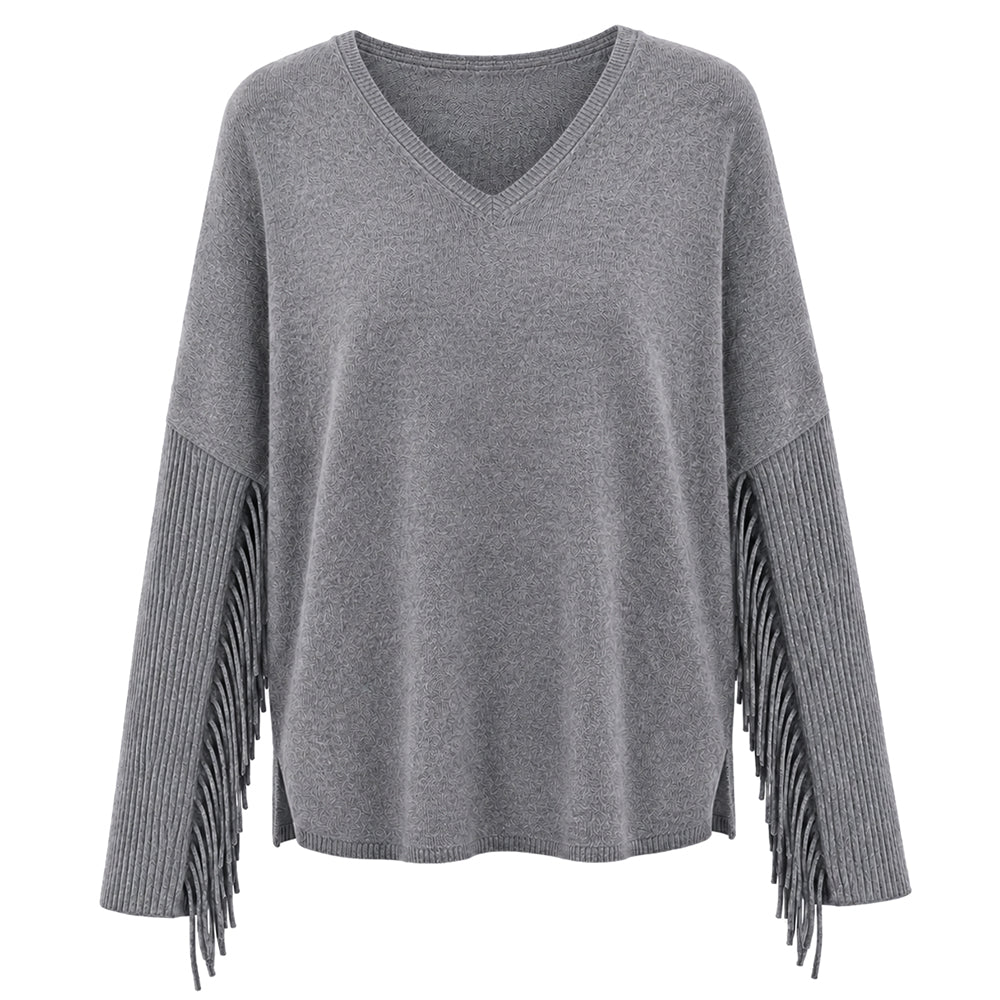 Notshy Kaschmir Fransenpullover Fenna Gris Foncé Dunkelgrau 100% Kaschmir Poncho Rippärmel Casual-Fit