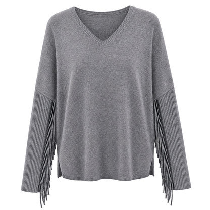 Notshy Kaschmir Fransenpullover Fenna Gris Foncé Dunkelgrau 100% Kaschmir Poncho Rippärmel Casual-Fit