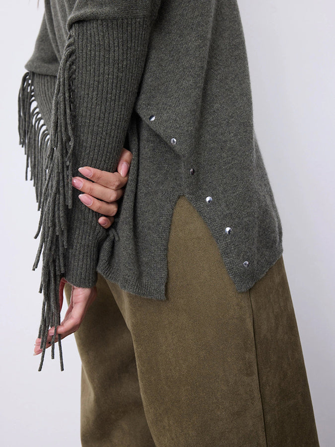 Notshy Cashmere Fransenpullover Nieten 100% Kaschmir Ash Grau Boho-Style Detail