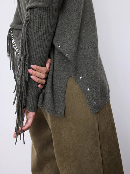 Notshy Cashmere Fransenpullover Nieten 100% Kaschmir Ash Grau Boho-Style Detail