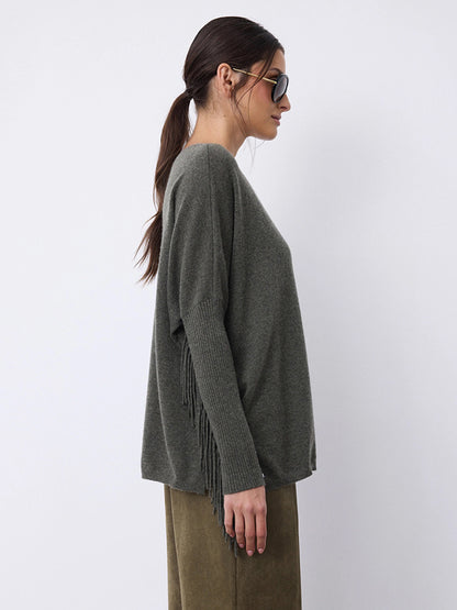 Notshy Cashmere Fransenpullover Nieten 100% Kaschmir Ash Grau Boho-Style Model 2