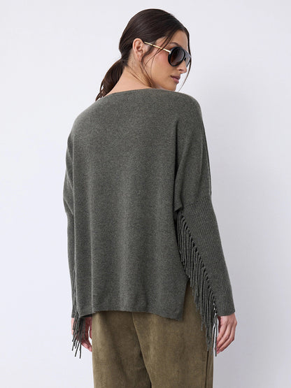 Notshy Cashmere Fransenpullover Nieten 100% Kaschmir Ash Grau Boho-Style Model 3