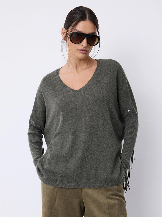 Notshy Cashmere Fransenpullover Nieten 100% Kaschmir Ash Grau Boho-Style Model