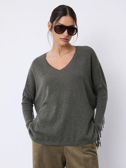 Notshy Cashmere Fransenpullover Nieten 100% Kaschmir Ash Grau Boho-Style Model