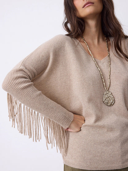 Notshy Cashmere Fransenpullover Nieten 100% Kaschmir Sandstone Sand Detail
