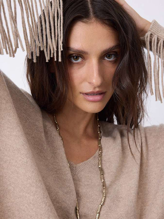 Notshy Kaschmir Fransenpullover Nieten 100% Kaschmir Sandstone 