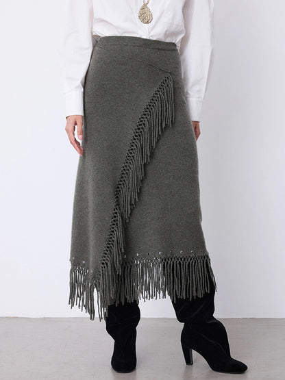 Notshy Fransenrock Kaschmir Nieten Rima Ash Grau Boho-Style