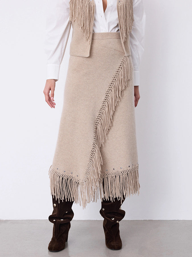 Notshy Fransenrock Kaschmir Nieten Rima Sand Boho-Style 