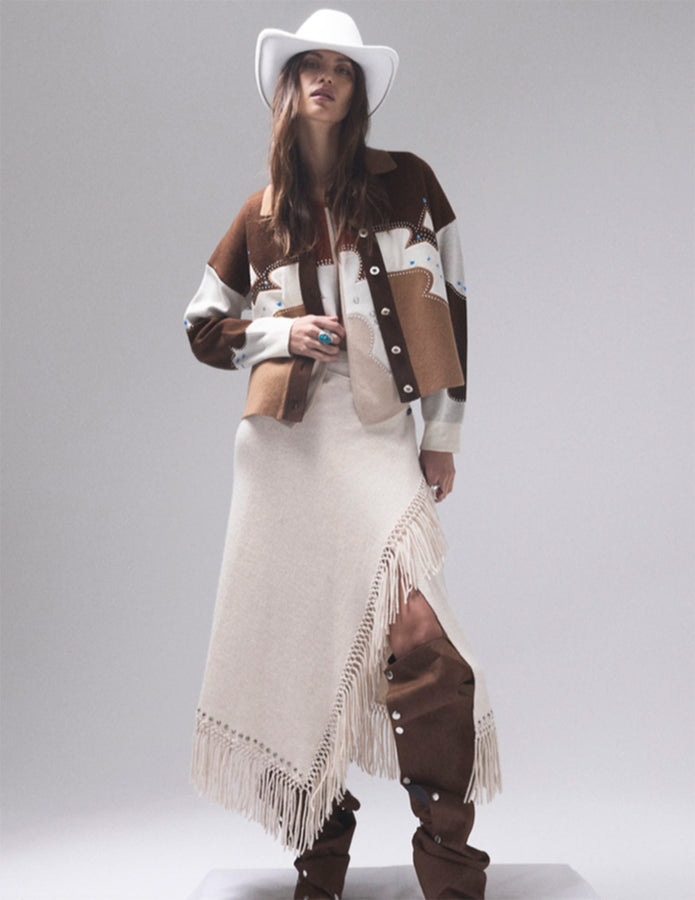 Notshy Fransenrock Kaschmir Nieten Rima Sand Sandstone Boho-Style Model 2