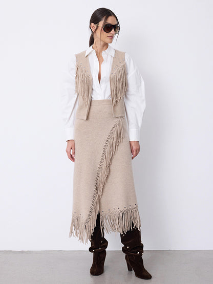 Notshy Fransenrock Kaschmir Nieten Rima Sand Sandstone Boho-Style Model