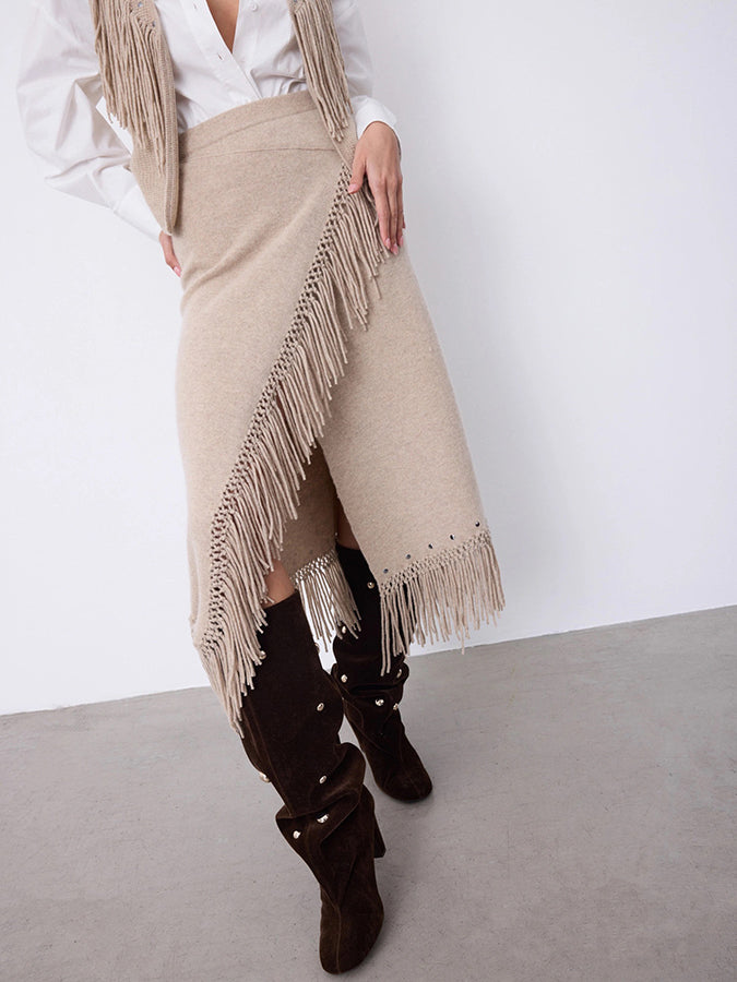Notshy Fransenrock Kaschmir Nieten Rima Sand Sandstone Boho-Style