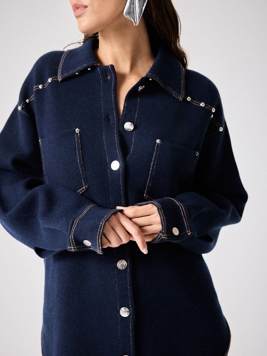 Notshy Kaschmir Hemd Jacke Denim-Look Nieten Terala Studs Dunkelblau Navy Marine Detail