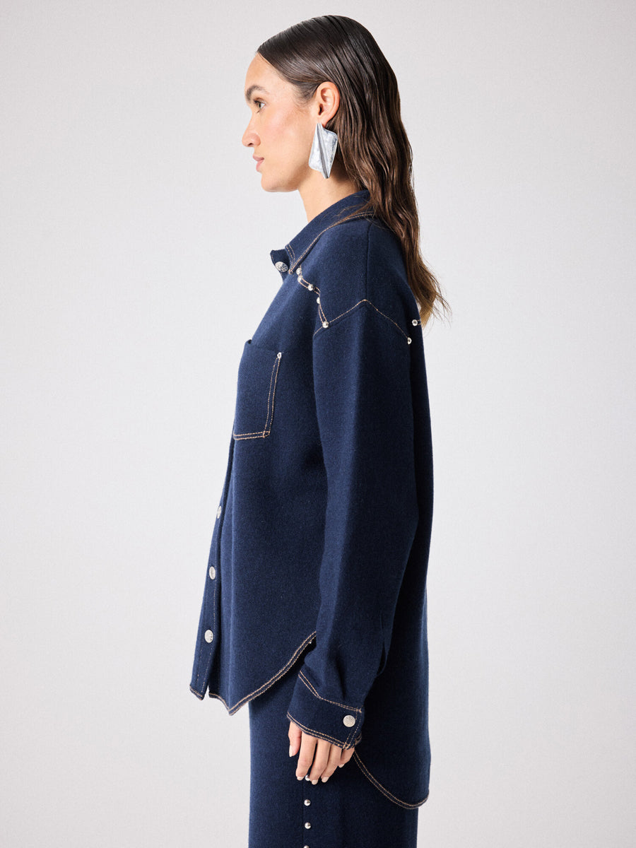 Notshy Kaschmir Hemd Jacke Denim-Look Nieten Terala Studs Dunkelblau Navy Marine Seitlich