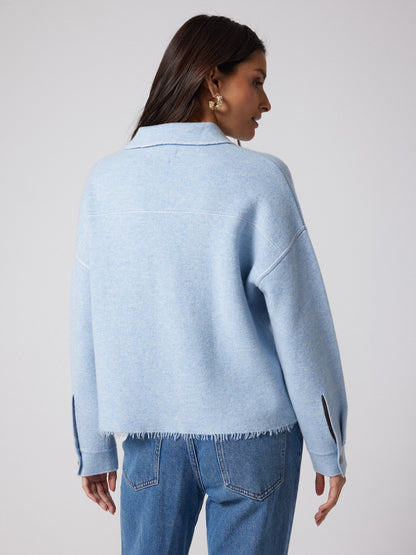 Notshy Kaschmir Jacke Levo Denim Look Fransensaum Boxy Passform Hellblau Rückseite