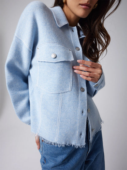 Notshy Kaschmir Jacke Levo Denim Look Fransensaum Boxy Passform Hellblau