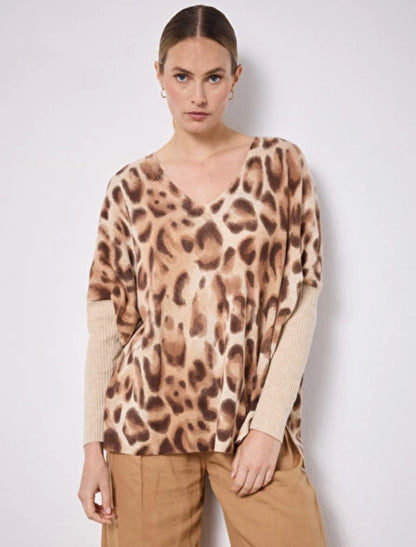 Notshy Kaschmir Poncho Pullover 
Leopard-Print Entspannte Passform V-Ausschnitt Rippärmel Seitenschlitze Beige Braun