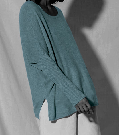 Notshy Kaschmir Pullover Poncho Agnes Rippärmel Entspannte Passform Seitenschlitze Blaugrau