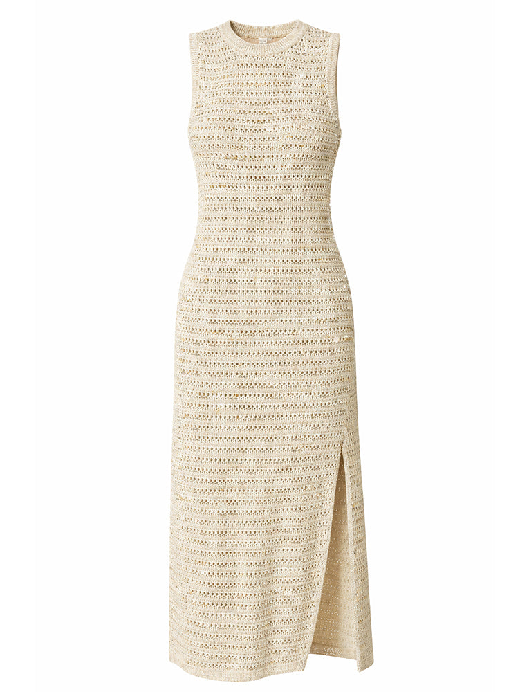Notshy Kleid Neva Lochmuster Beige Ecru Satin-Effekt Lurex