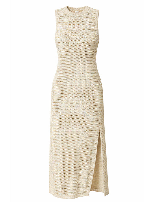 Notshy Kleid Neva Lochmuster Beige Ecru Satin-Effekt Lurex