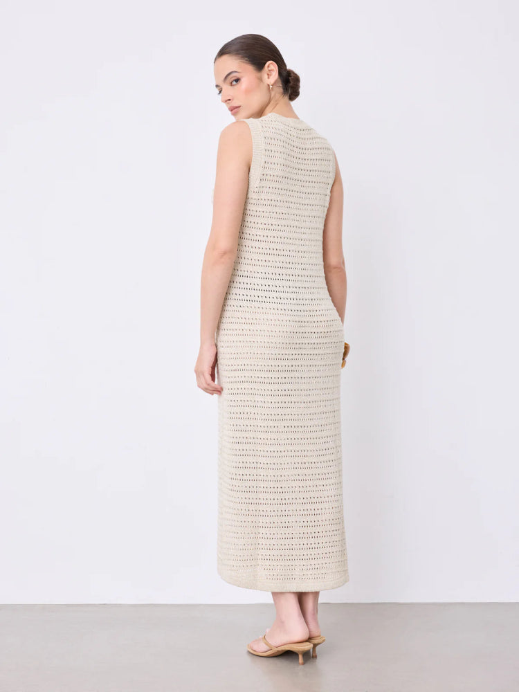 Notshy Kleid Neva Lochstrick Beige Ecru Satin-Effekt Lurex Model 3