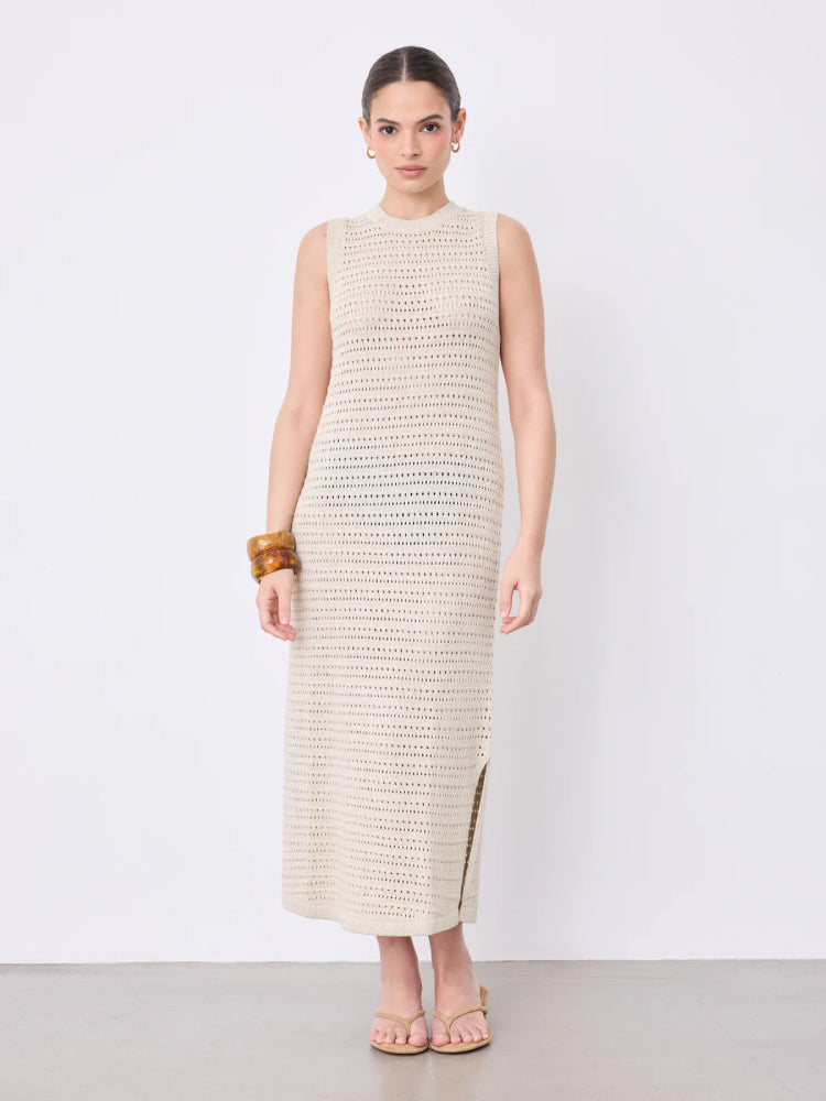 Notshy Kleid Neva Lochstrick Beige Ecru Satin-Effekt Lurex Model