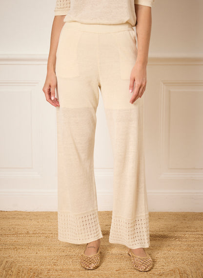 Notshy Leinenhose Aruba Lochstricksaum Straight Fit Beige Detail