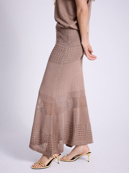 Notshy Boho Maxi Leinenrock Lochmuster Camel Elastischer Bund und A-Form Seitlich