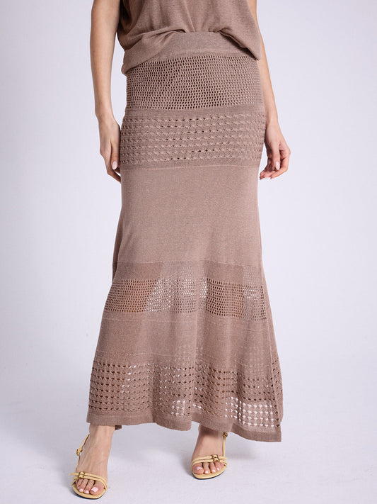 Notshy Boho Maxi Leinenrock Lochmuster Camel Elastischer Bund und A-Form