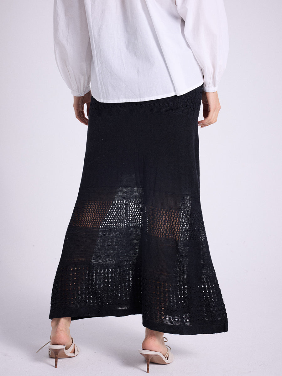 Notshy Boho Maxi Leinenrock Lochmuster Schwarz Elastischer Bund und A-Form Rückseite