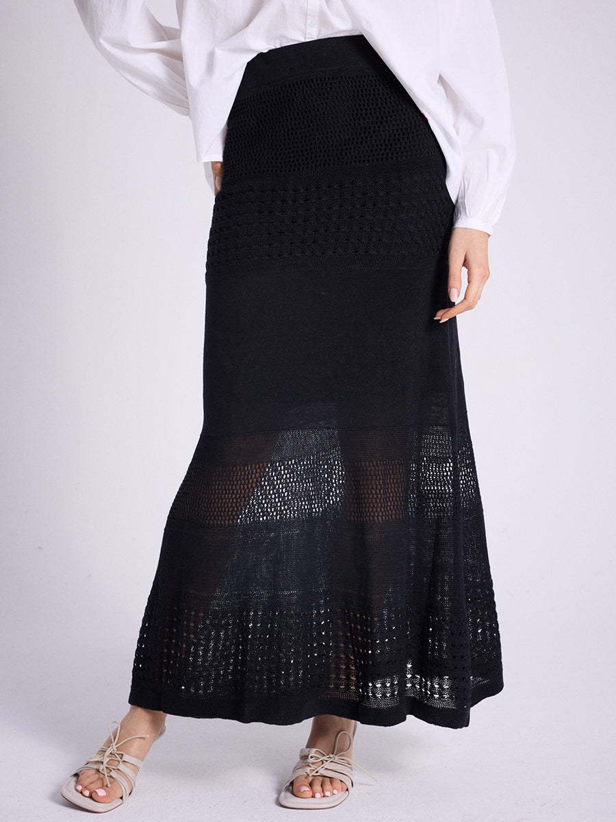 Notshy Boho Maxi Leinenrock Lochmuster Schwarz Elastischer Bund und A-Form