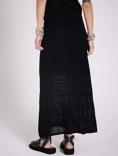 Notshy Boho Maxi Rock Lochmuster Tila Baumwolle Schwarz Elastischer Bund  Rückseite