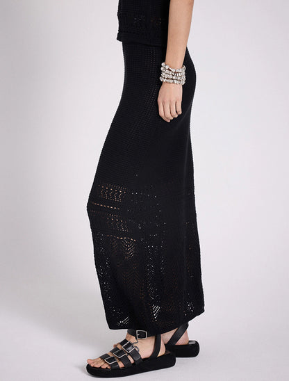 Notshy Boho Maxi Rock Lochmuster Tila Baumwolle Schwarz Elastischer Bund  Side