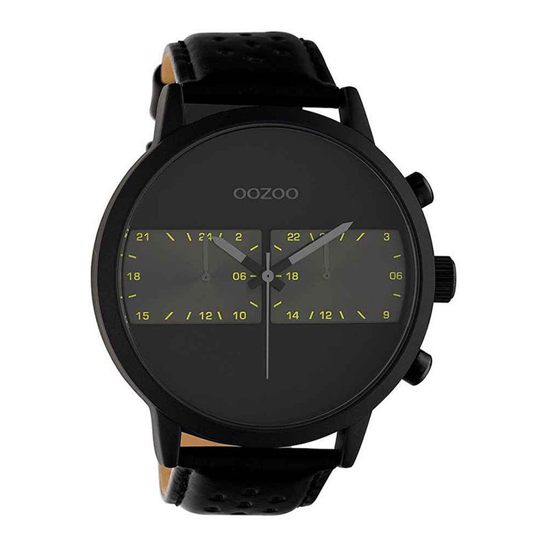 OOZOO Chronograph Schwarz Plattiert Lederarmband Schwarz Ziffern Gelb 50 mm C10674