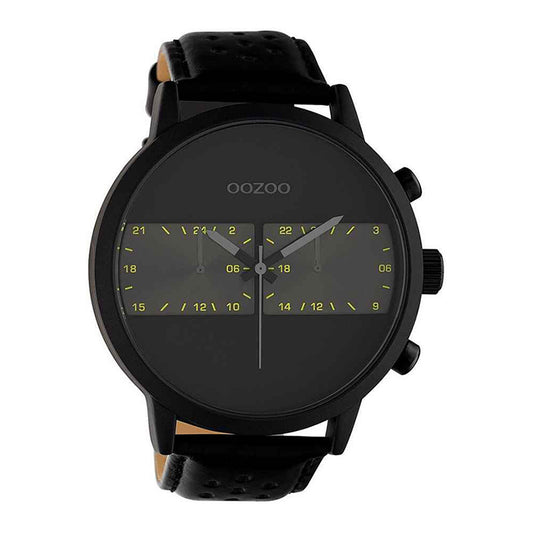 OOZOO Chronograph Schwarz Plattiert Lederarmband Schwarz Ziffern Gelb 50 mm C10674