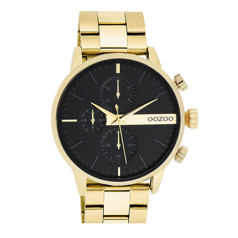 OOZOO Chronograph Edelstahl-Armband Gold Plattiert Zifferblatt Schwarz 45 mm C11102