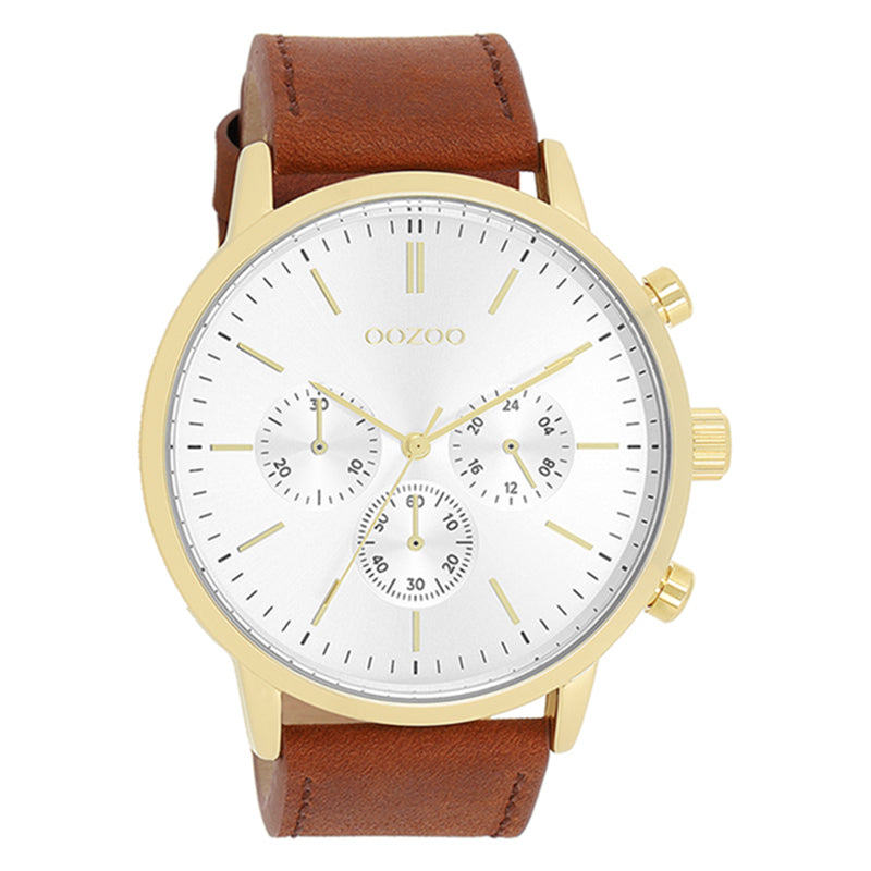 OOZOO Chronograph Gold Plattiert Lederarmband Braun Zifferblatt Weiß 50 mm C11201
