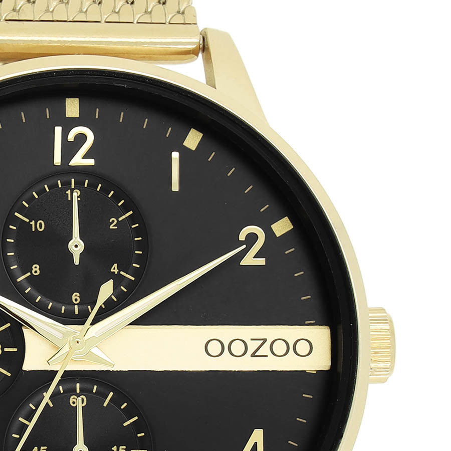 OOZOO Chronograph Mesh-Armband Gold Plattiert Zifferblatt Schwarz 45 mm C11302 Detail