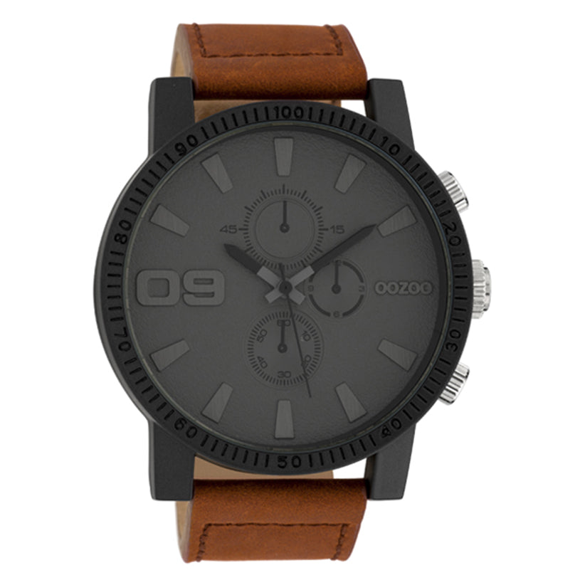 OOZOO Chronograph Schwarz Plattiert Lederarmband Braun Zifferblatt Anthrazit 50 mm C10064