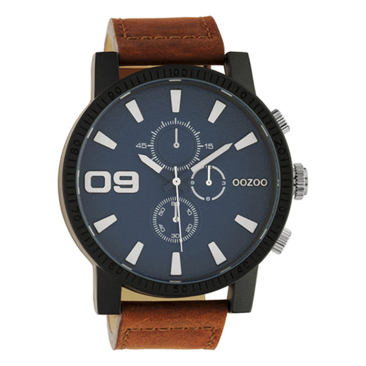 OOZOO Chronograph Schwarz Plattiert Lederarmband Braun Zifferblatt Dunkelblau 50 mm C10672