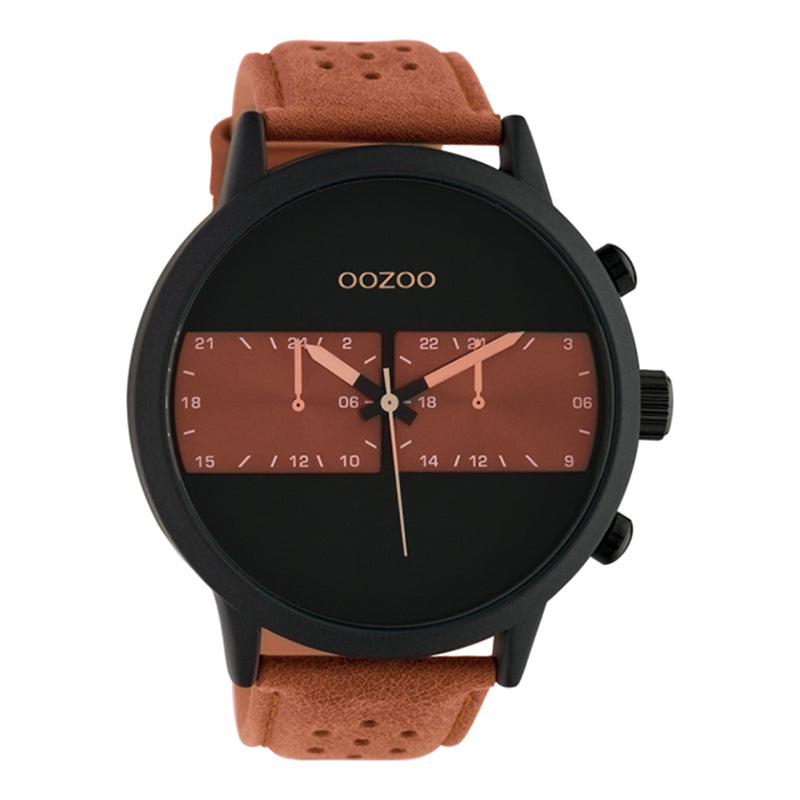 OOZOO Chronograph Schwarz Plattiert Lederarmband Braun Schwarz 50 mm C10302