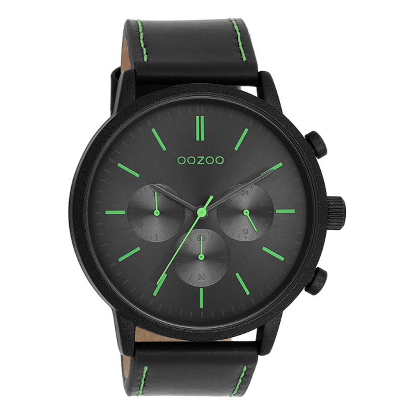 OOZOO Chronograph Schwarz Plattiert Lederarmband Schwarz Grün 50 mm C11208