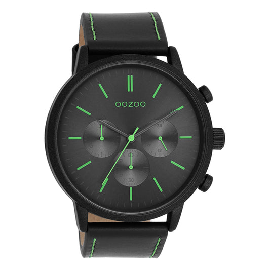 OOZOO Chronograph Schwarz Plattiert Lederarmband Schwarz Grün 50 mm C11208